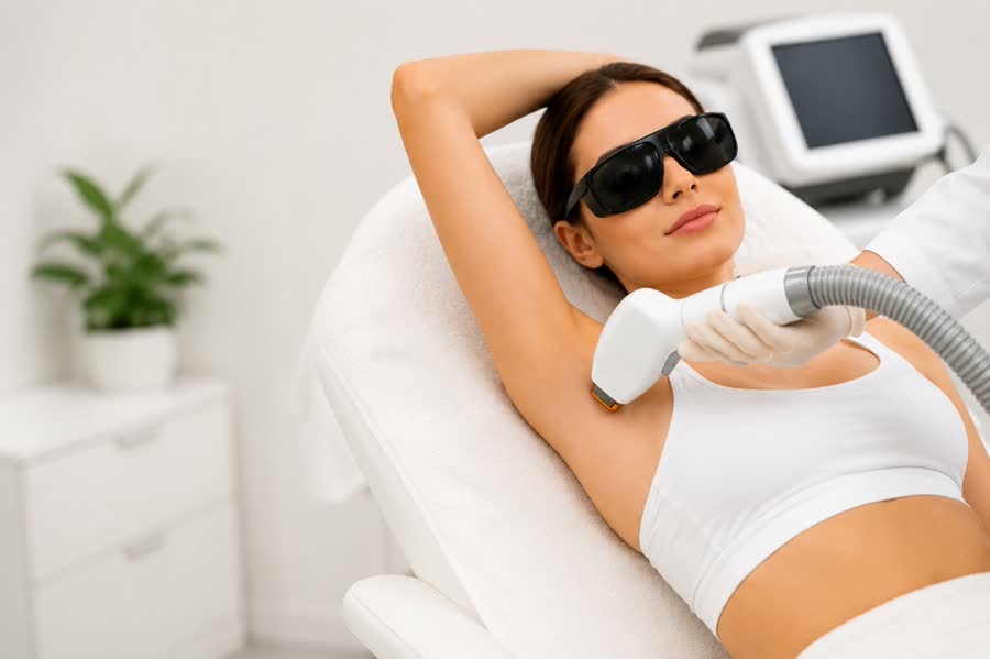 Laser hair reduction treatment session at the clinic